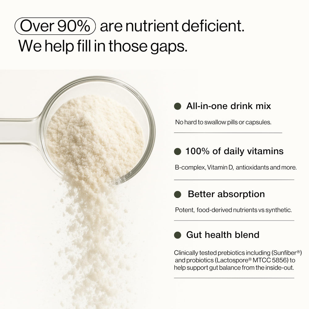 Pouring B.WILD powder into water highlights convenient daily mix for busy mornings