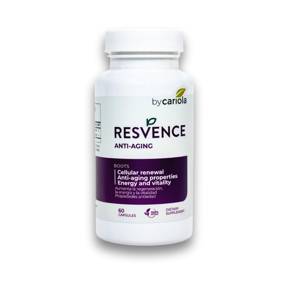 BY CARIOLA Resvence bottle front showing antioxidant-rich formula for daily wellness.