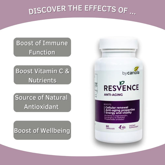 BY CARIOLA Resvence bottle label highlights natural ingredients for immune support.