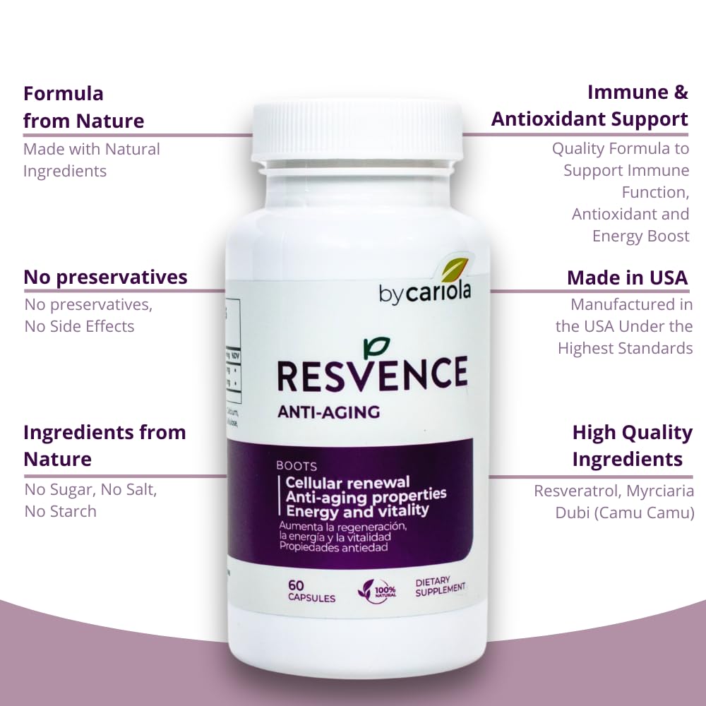 Resvence capsules being poured, ready for daily antioxidant support with meals.