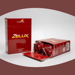 Retail packaging display featuring Zelux box as a compact vitality option.