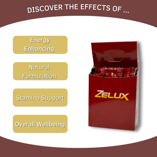 Close-up of Zelux sachets highlighting compact, on-the-go vitality in a single serving.