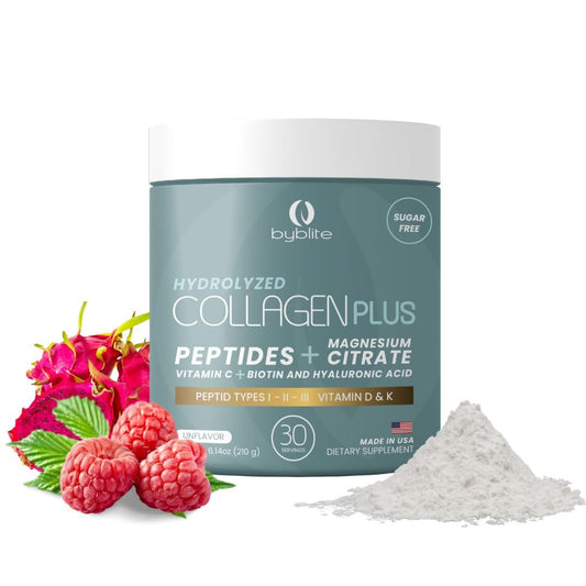 Byblite hydrolyzed collagen bottle front for joint support and daily wellness.