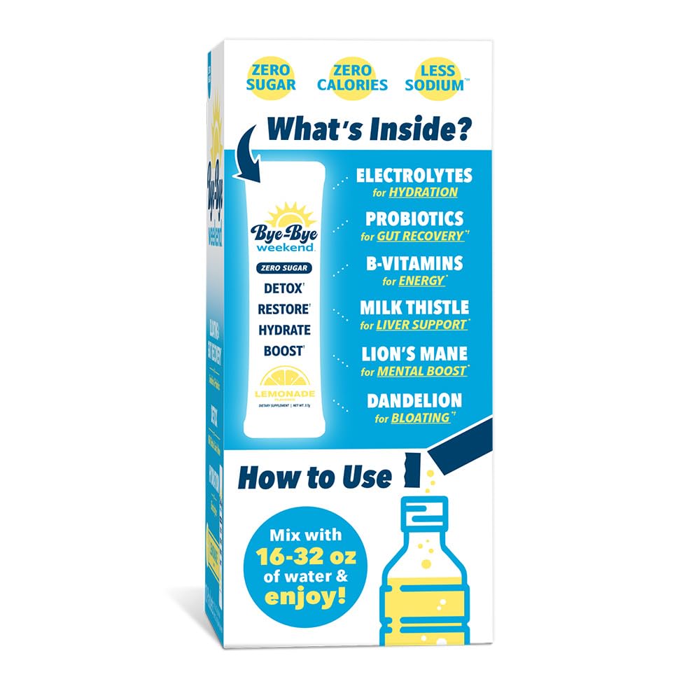 Bye-Bye Weekend zero sugar lemonade label highlighting keto-friendly benefits.