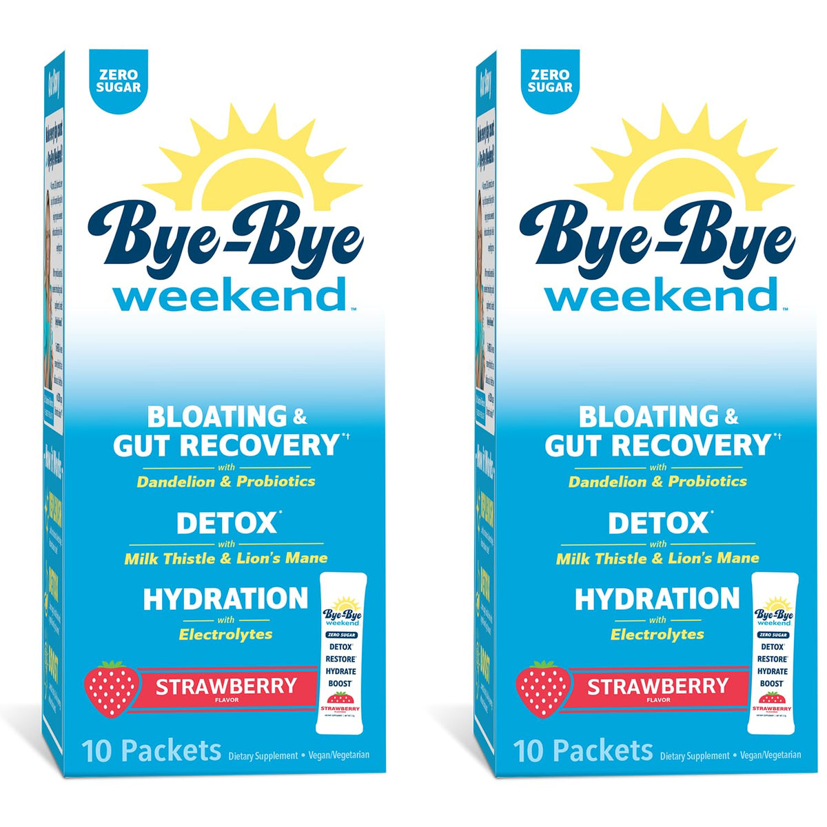 Bye-Bye Weekend detox drink mix strawberry 20-pack packaging promotes hydration and post-party recovery.