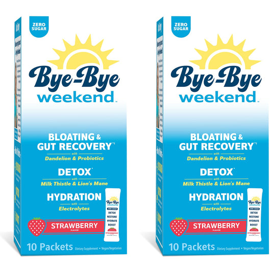 Bye-Bye Weekend detox drink mix strawberry 20-pack packaging promotes hydration and post-party recovery.