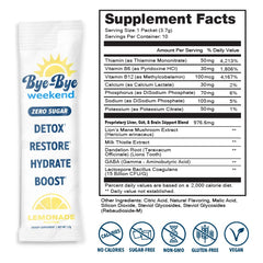 Bye-Bye Weekend product labels convey premium, third-party tested ingredients.