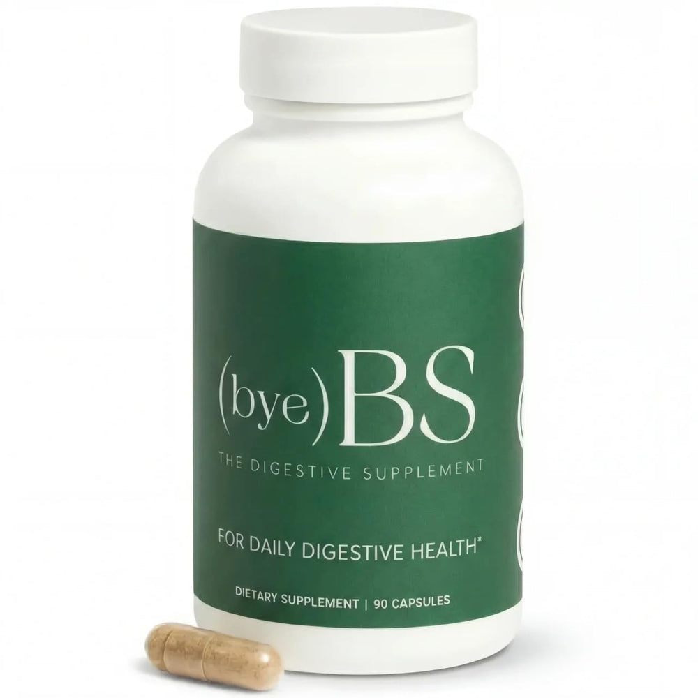 ByeBS Digestive Support bottle front view promoting gut wellness and daily routine.