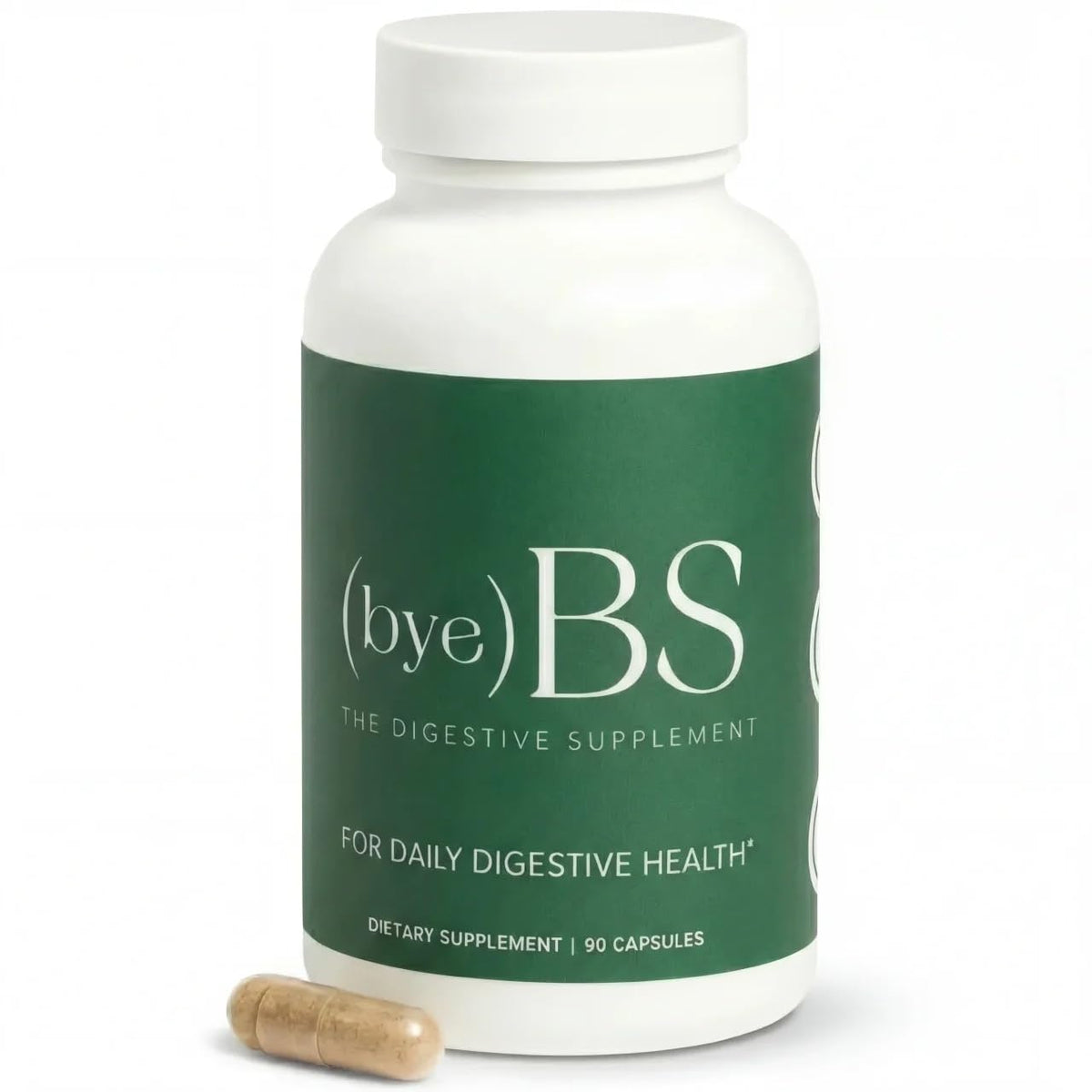 ByeBS Digestive Support bottle front view promoting gut wellness and daily routine.