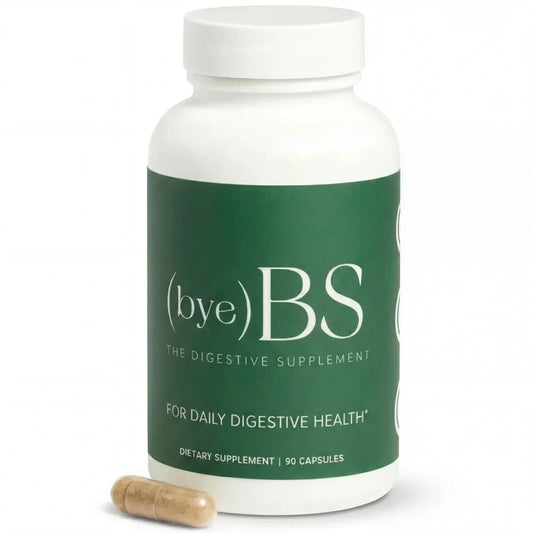 ByeBS Digestive Support bottle front view promoting gut wellness and daily routine.