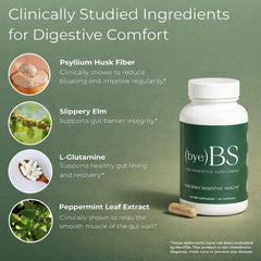 ByeBS Digestive Support ingredients chart highlighting psyllium, slippery elm, peppermint, and L-glutamine.