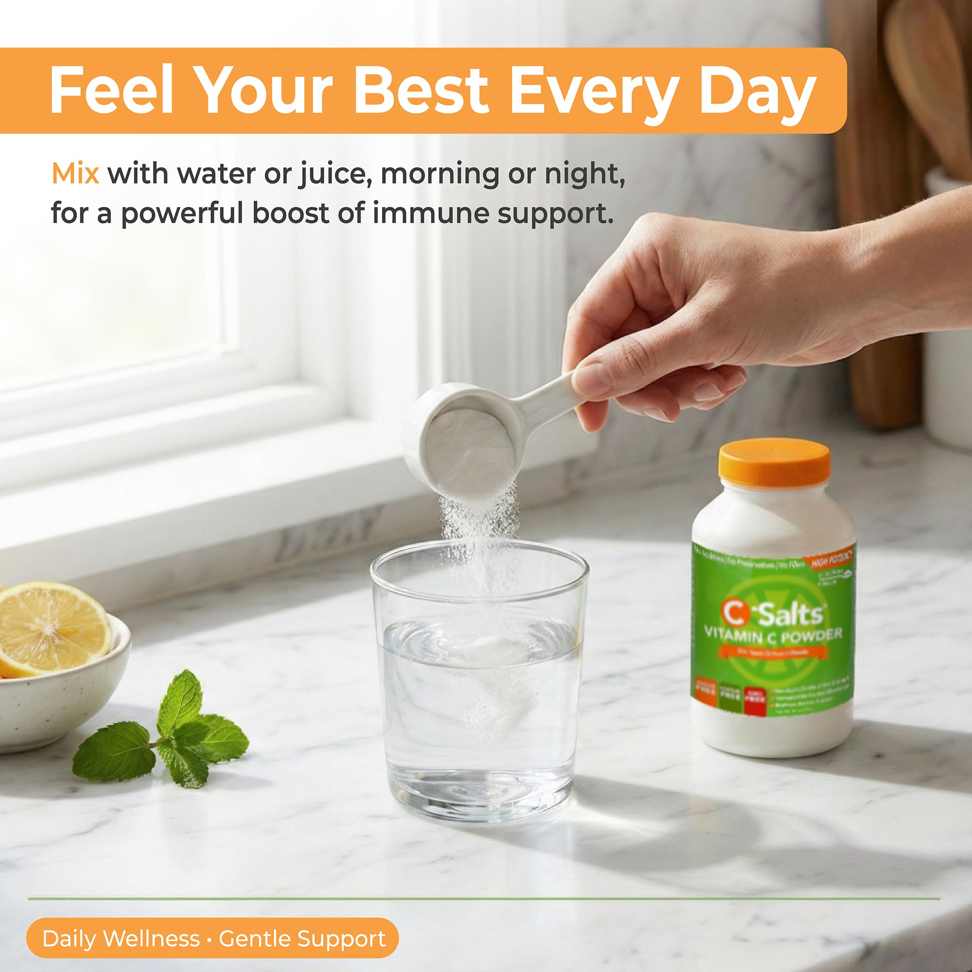 C-Salts measuring spoon and jar ready for family daily dosing.