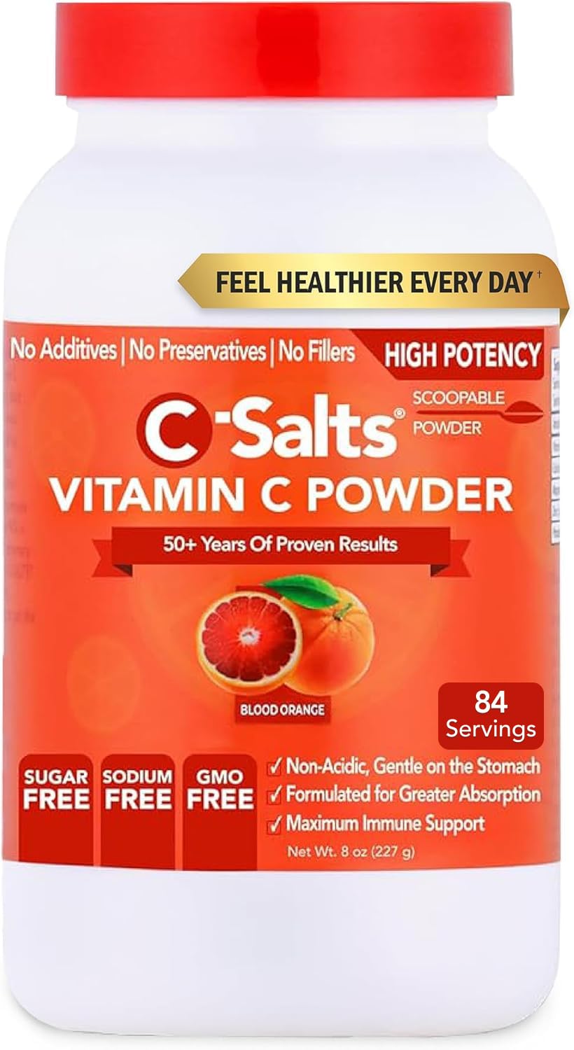 C-Salts Vitamin C Powder bottle front showing pure formula for daily immune routine.