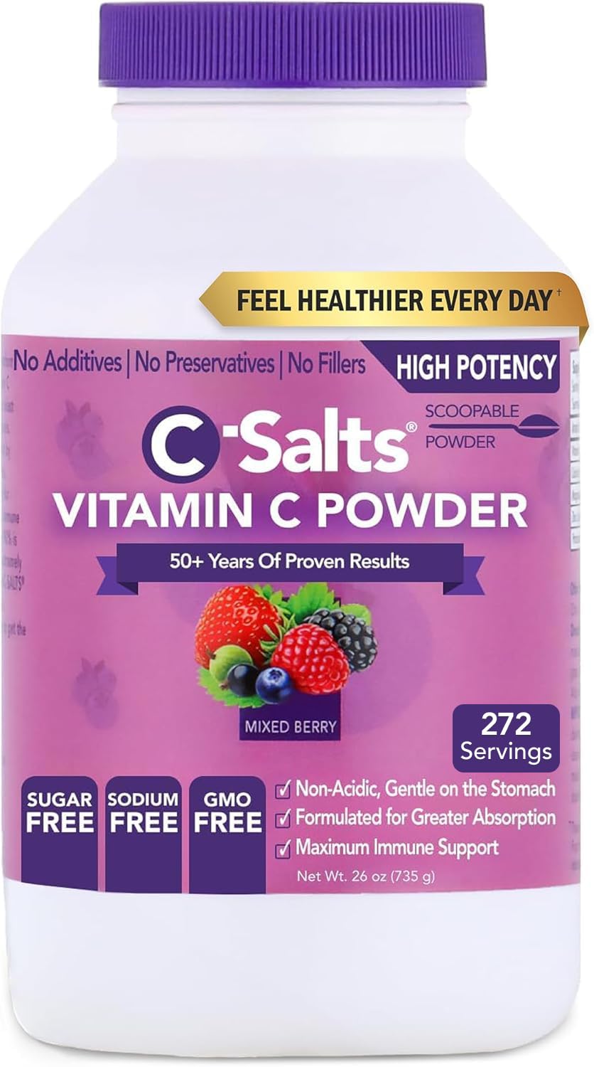 C-Salts Vitamin C powder bottle pour shows easy high-dose dosing.
