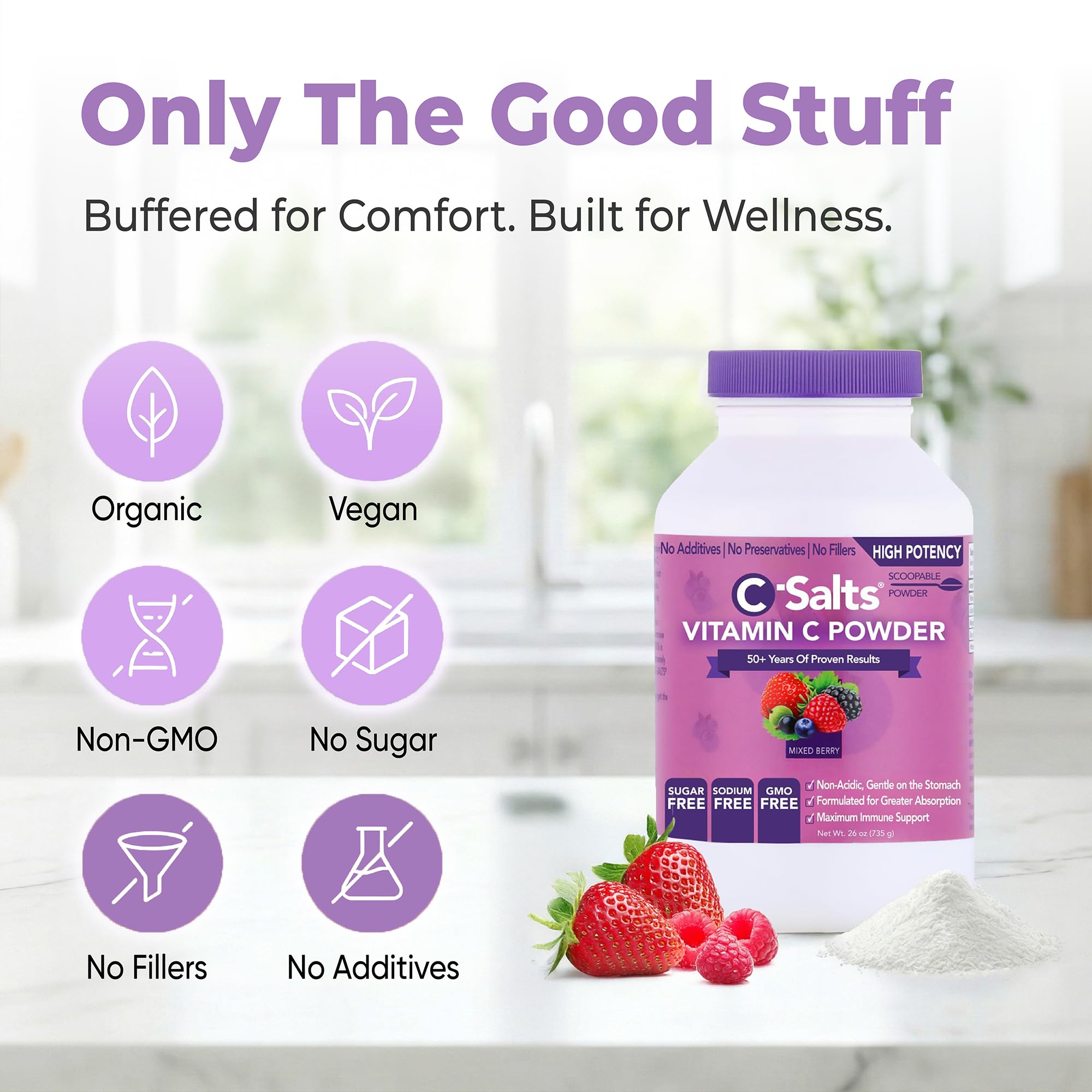 Organic, vegan, non-GMO C-Salts Vitamin C powder emphasizes clean nutrition.