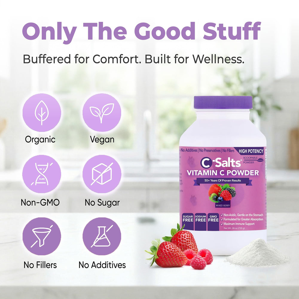 Organic, vegan, non-GMO C-Salts Vitamin C powder emphasizes clean nutrition.