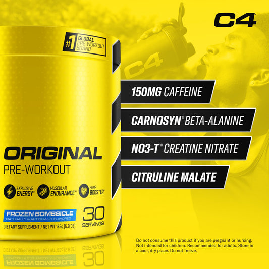C4 Original 30-serving tub front signals a complete pre-workout routine.