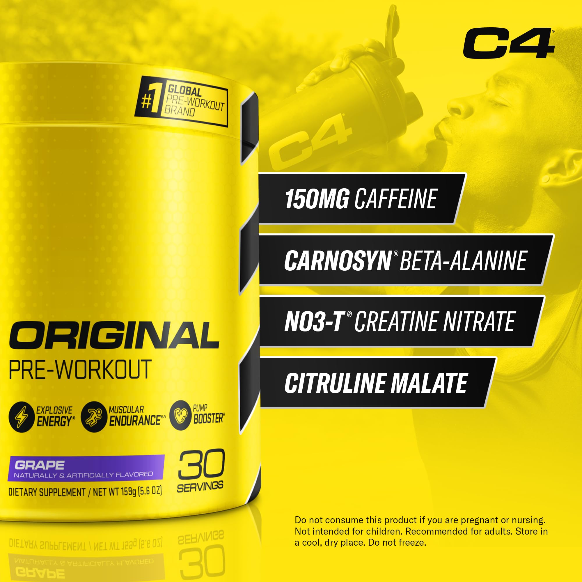 C4 Original bottle-front label highlighting sugar-free formula for clean energy.