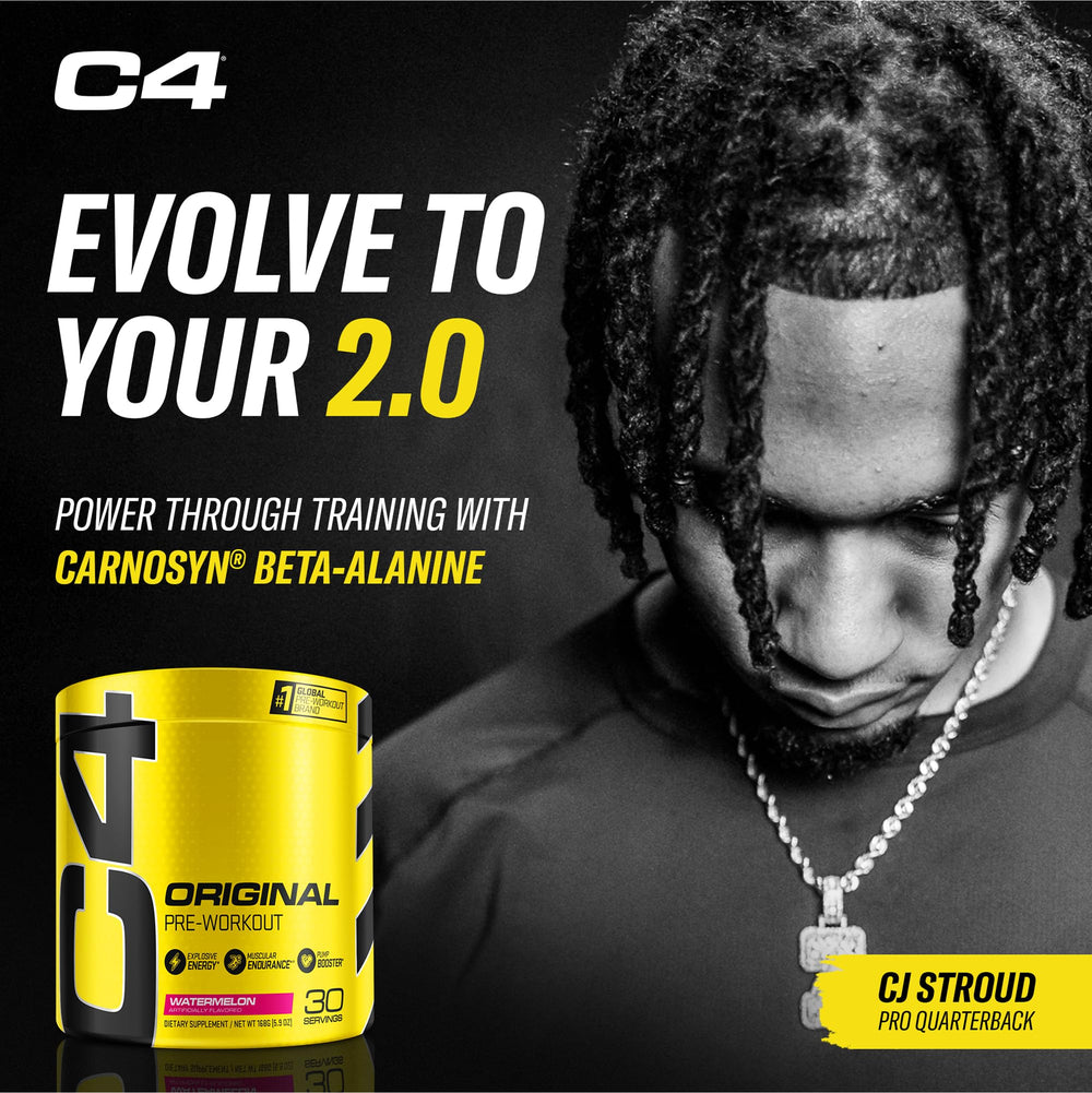 C4 Original bottle label close-up highlighting branding and sugar-free formula