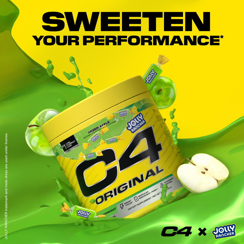 C4 Original Green Apple label highlights caffeine content and performance benefits