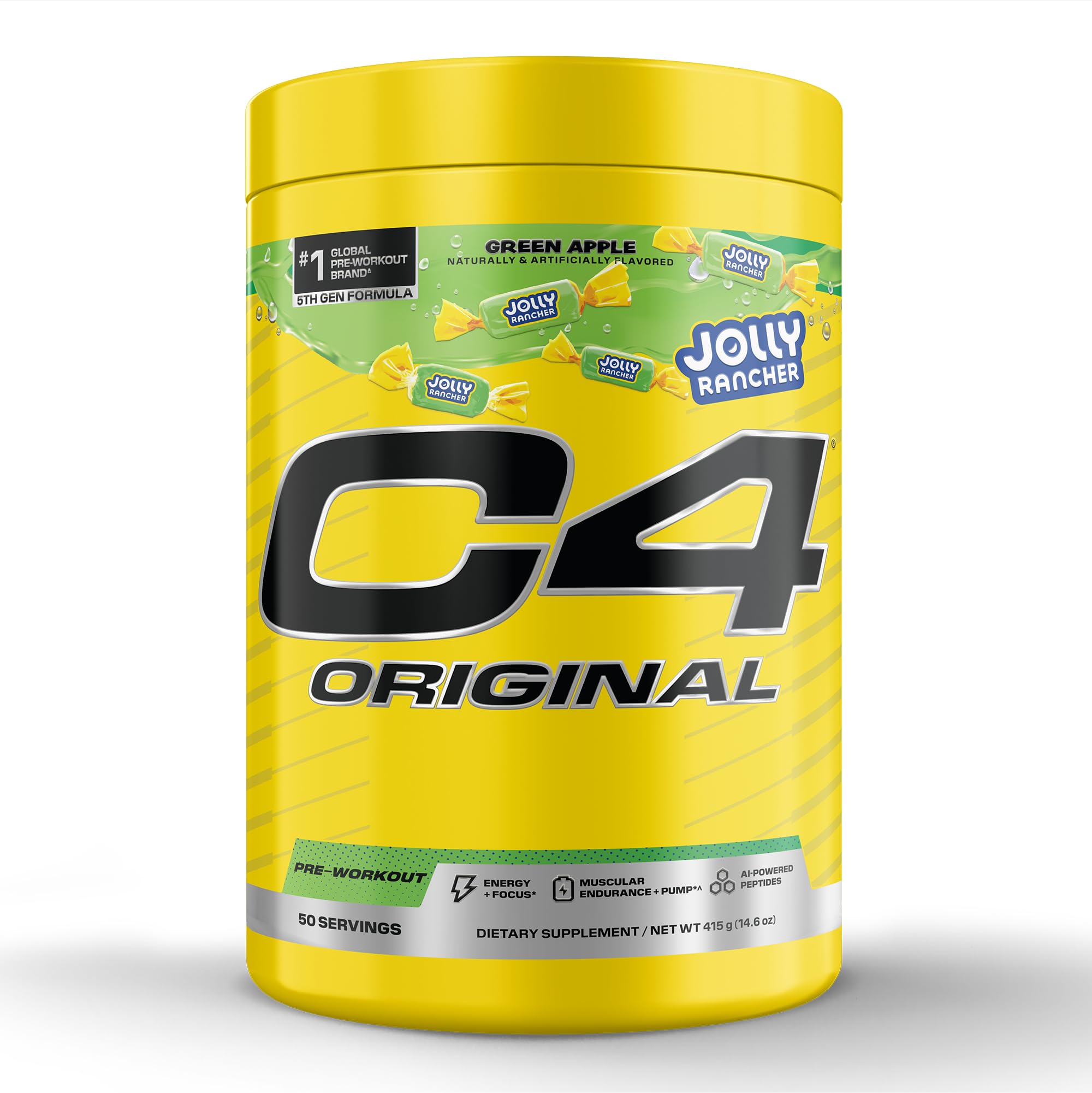 C4 Original Green Apple tub label highlights the pre-workout formula for energized workouts.