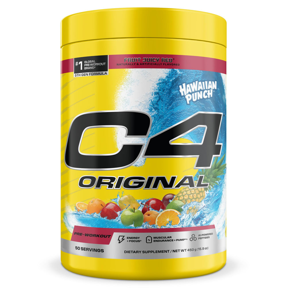 C4 Original Hawaiian Punch bottle close-up shows energizing pre-workout formula for workouts.