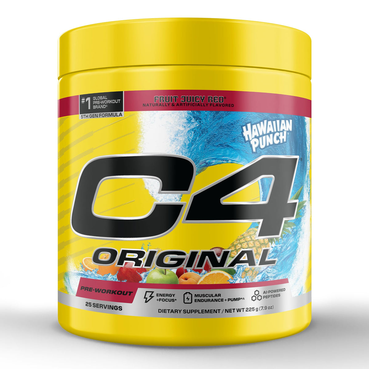 C4 Original Hawaiian Punch bottle front shows energy-boosting pre-workout for endurance