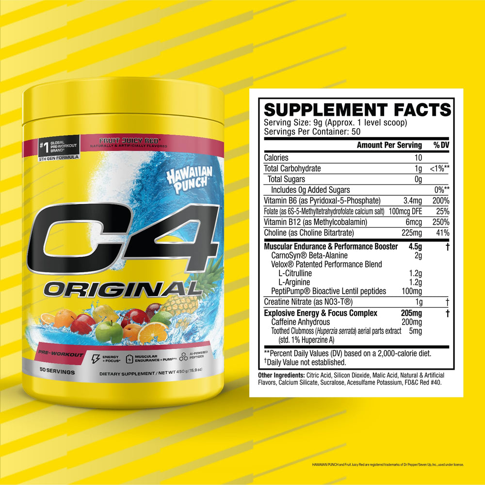 C4 Original Hawaiian Punch label detail highlights ingredients and sugar-free design.