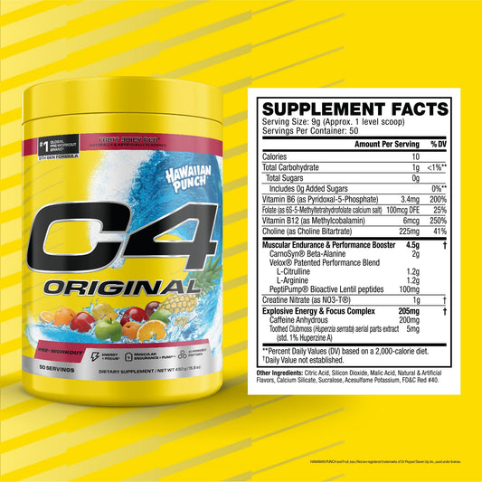 C4 Original Hawaiian Punch label detail highlights ingredients and sugar-free design.