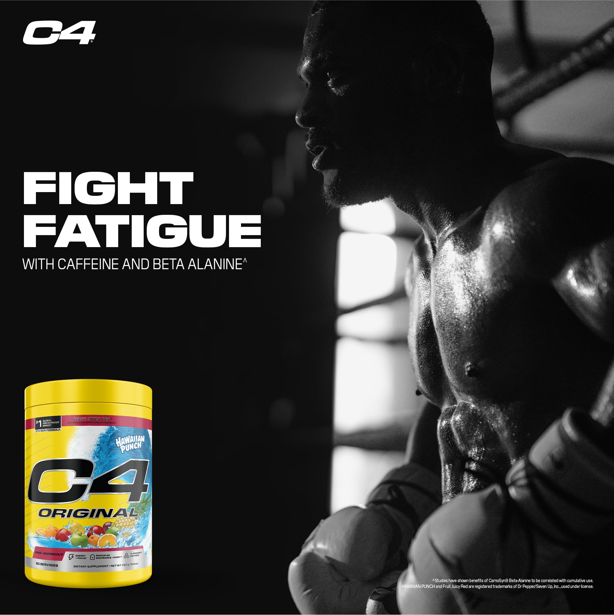 C4 Original Hawaiian Punch packaging features a 50-serving long-lasting supply.