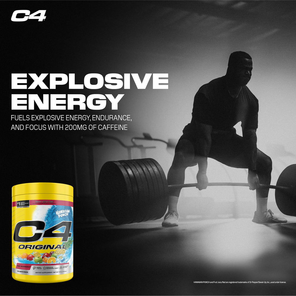C4 Original Hawaiian Punch serving scoop demonstrates convenient pre-workout use.