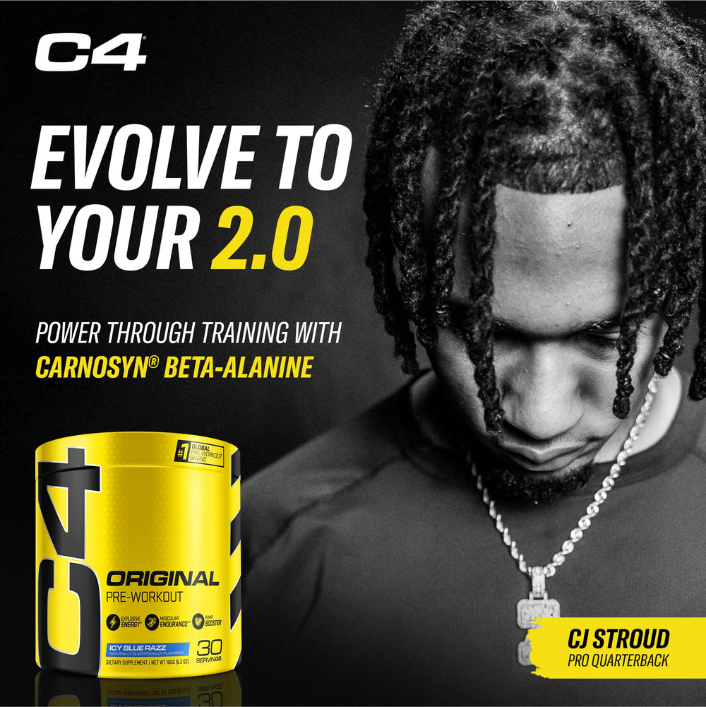 C4 Original Icy Blue Razz powder dissolving in water for a fast mix.