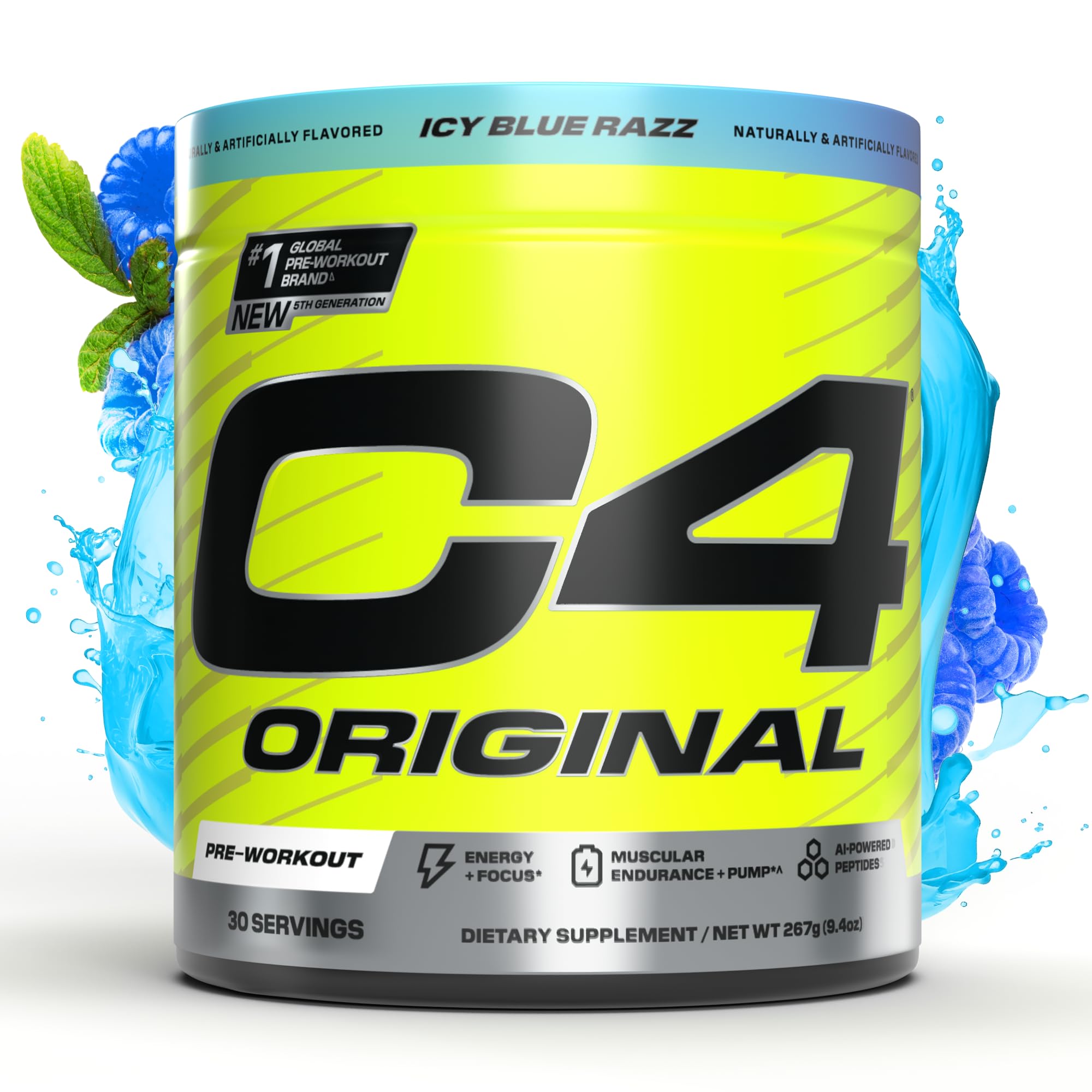 C4 Original ICY Blue Razz powder tub signaling energy for workouts