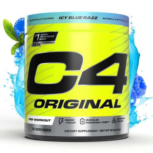 C4 Original ICY Blue Razz powder tub signaling energy for workouts