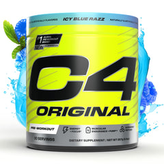 C4 Original ICY Blue Razz powder tub signaling energy for workouts