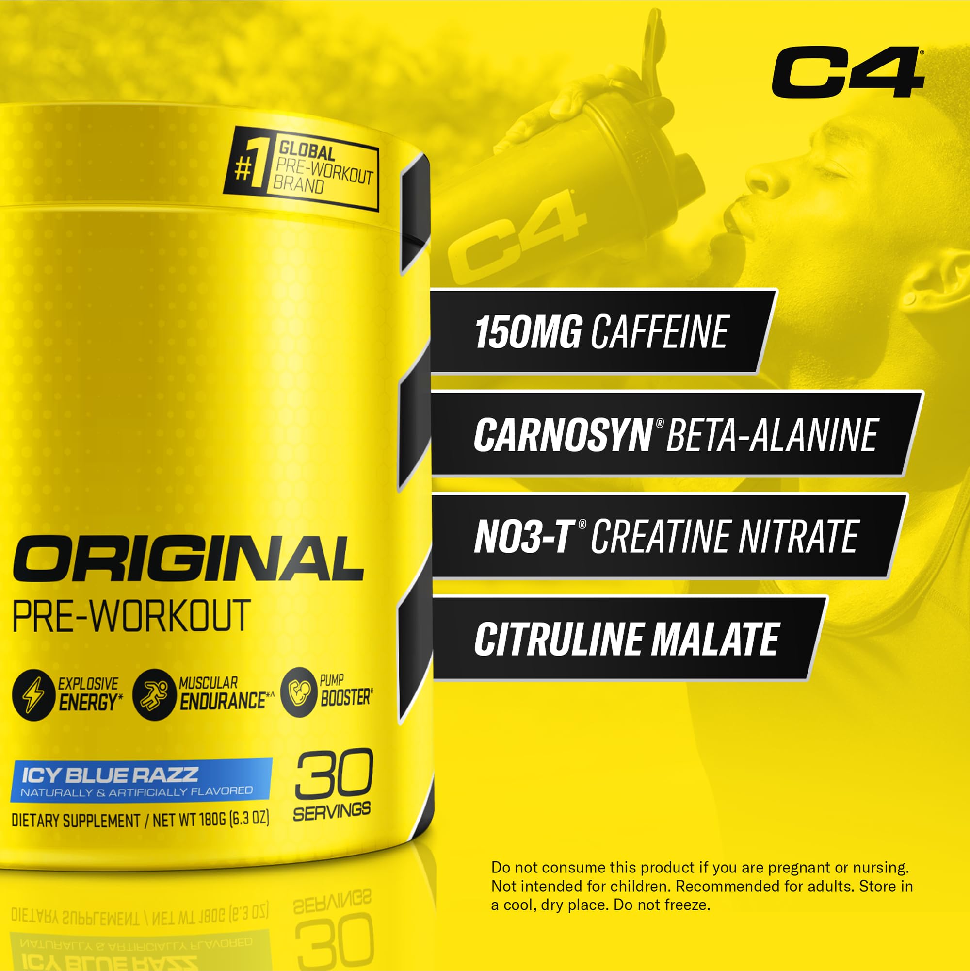 C4 Original Icy Blue Razz tub label highlights a sugar-free energy formula for workouts.