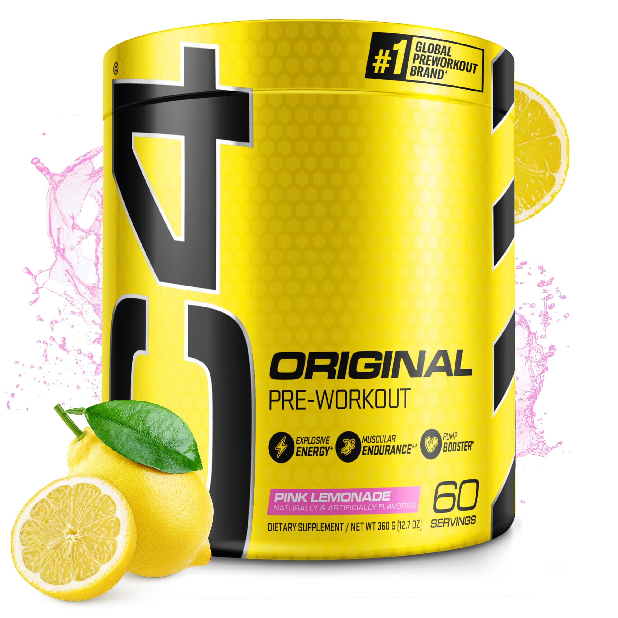 C4 Original Pink Lemonade nutrition panel close-up; caffeine and Vitamin C notes.