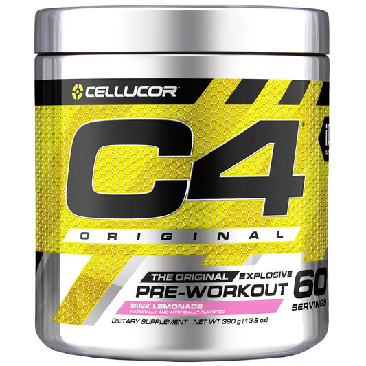 C4 Original Pink Lemonade tub front; flavor and energy-boosting formula.