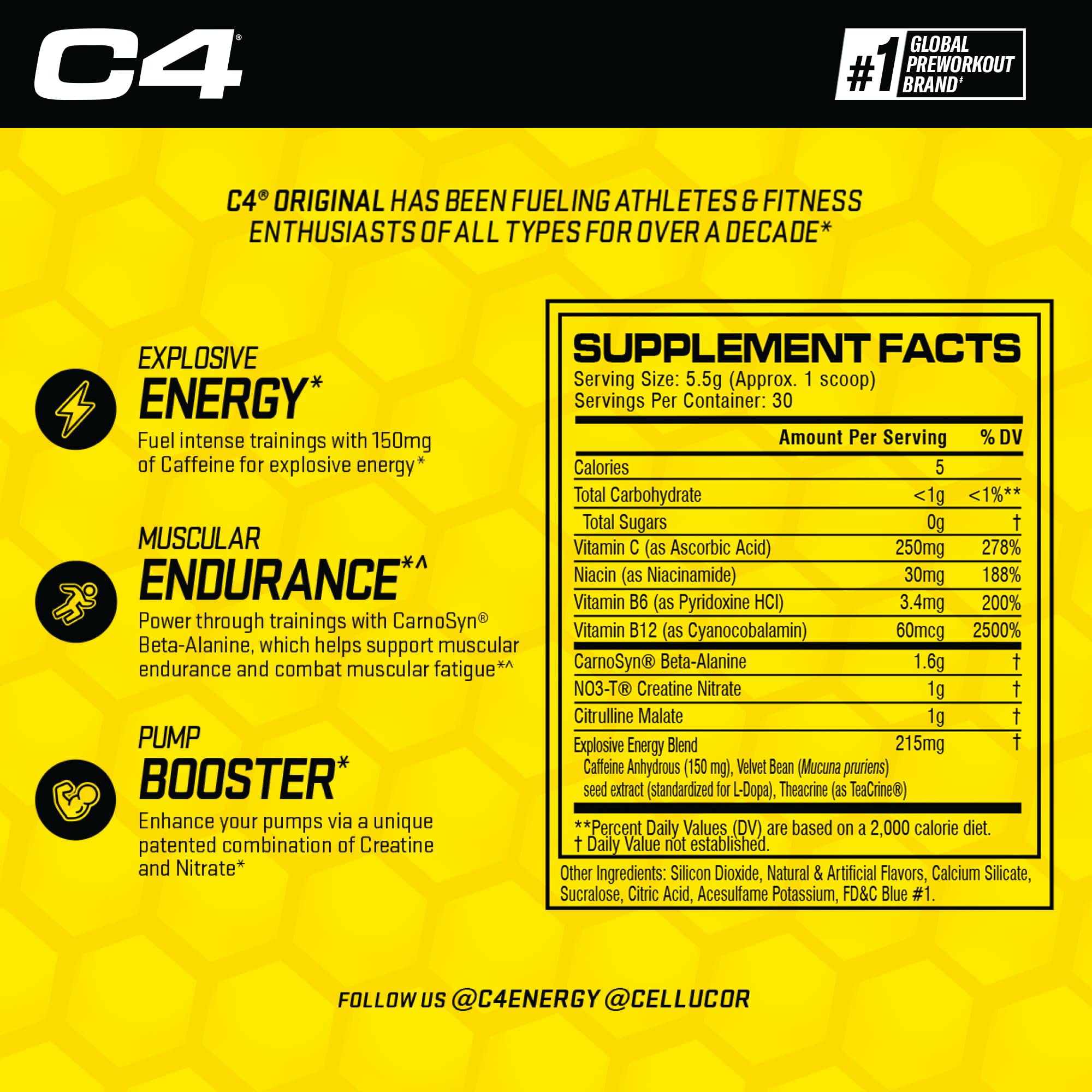 C4 Original pre-workout ingredients blend highlights key performance compounds.