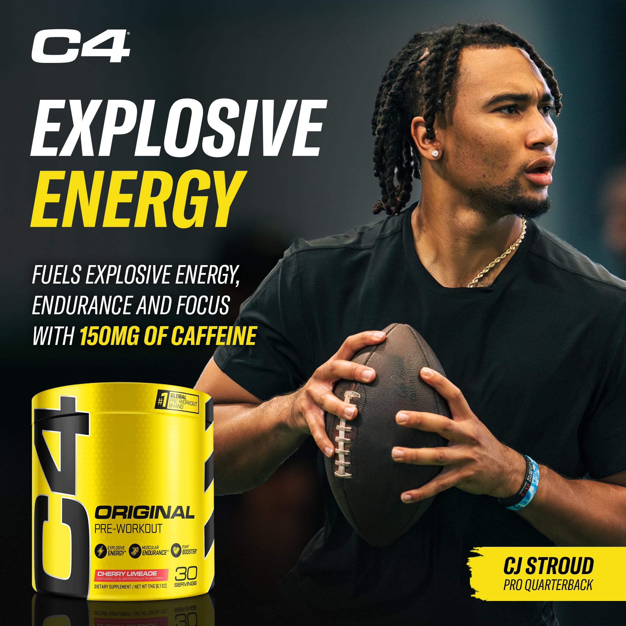 C4 Original pre-workout cherry limeade bottle displayed on gym shelf