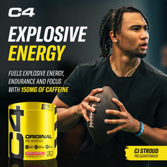 C4 Original pre-workout cherry limeade bottle displayed on gym shelf