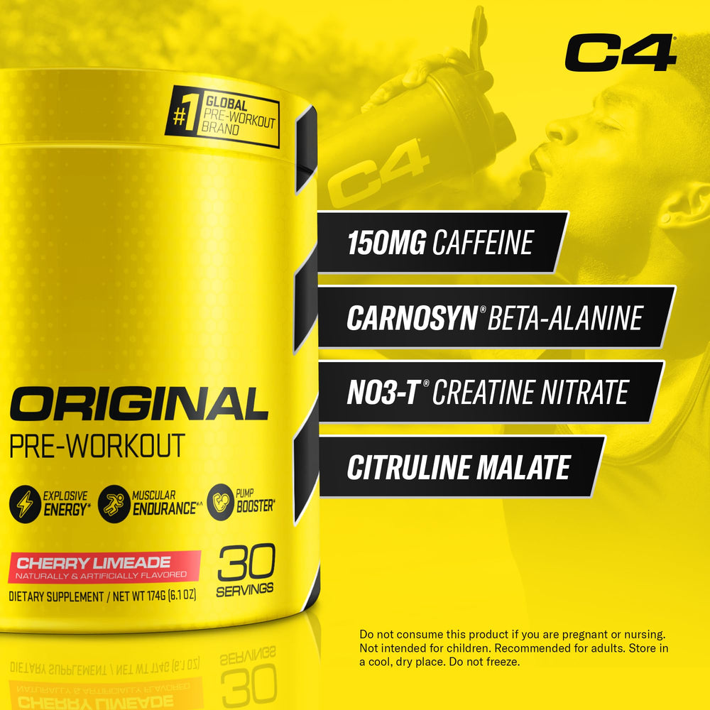 C4 Original pre-workout cherry limeade tub with easy scoop for quick prep