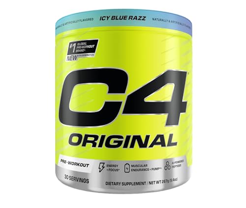C4 Original serving scoop beside tub highlights 30 servings for workouts