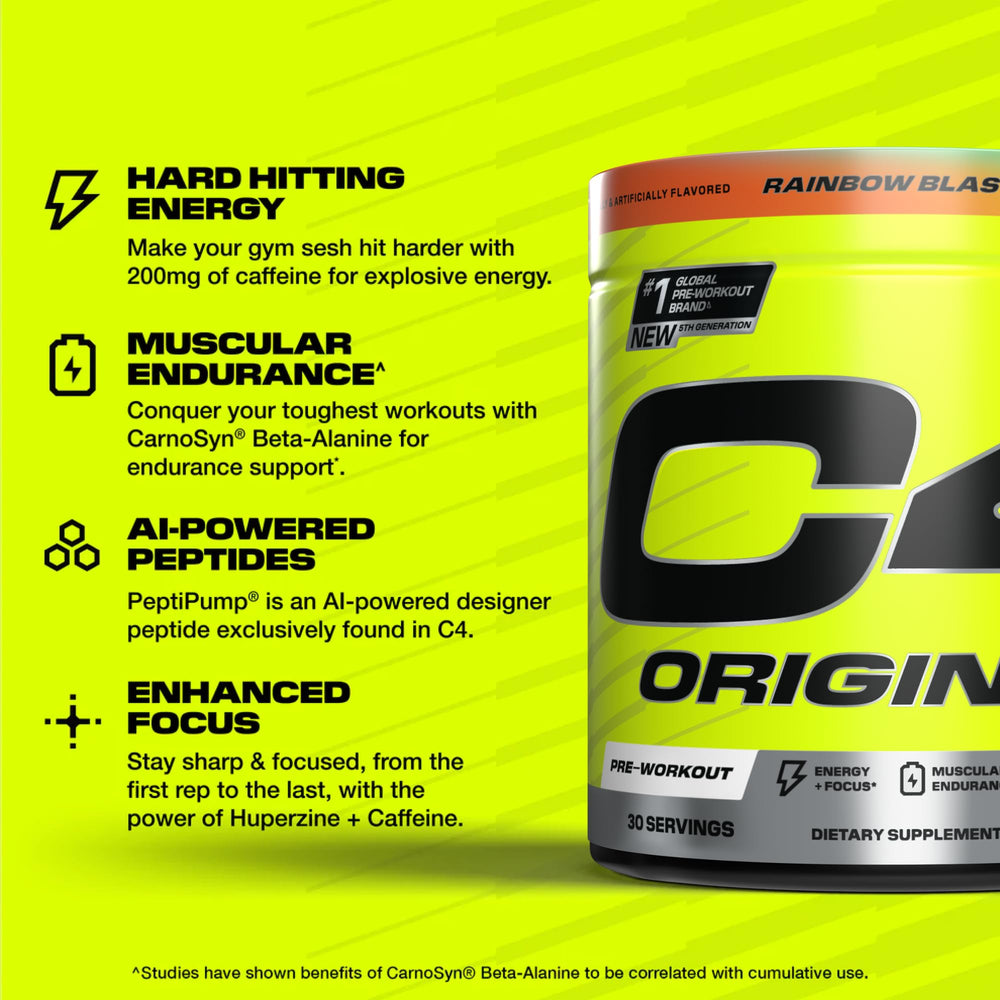 C4 Original serving scoop beside glass signals convenient pre-workout ritual.