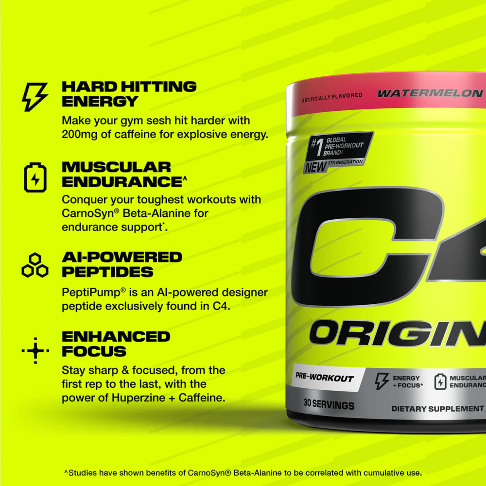 C4 Original Watermelon ingredient panel highlights caffeine and beta-alanine.