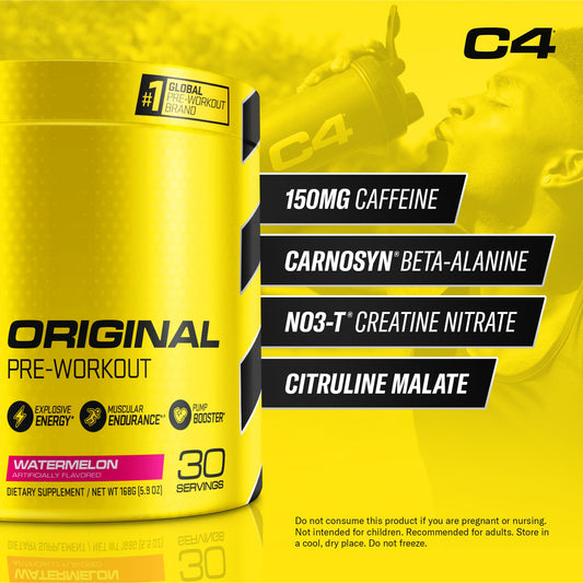C4 Original watermelon powder scoop dispensing quick pre-workout serving