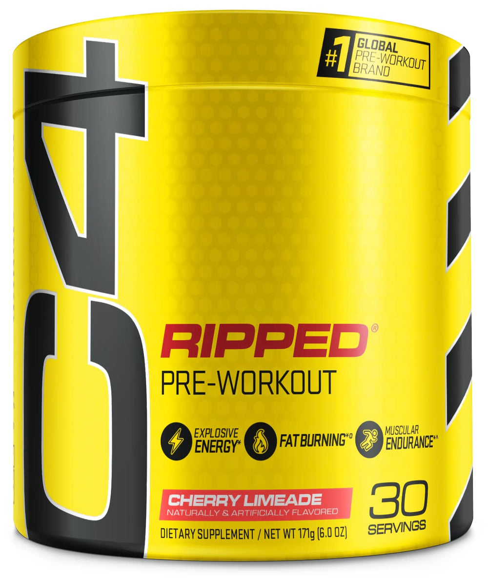 C4 Ripped Cherry Limeade tub front showing energy-boosting pre-workout formula