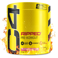 C4 Ripped Raspberry Lemonade packaging showcases bold branding and flavor promise.