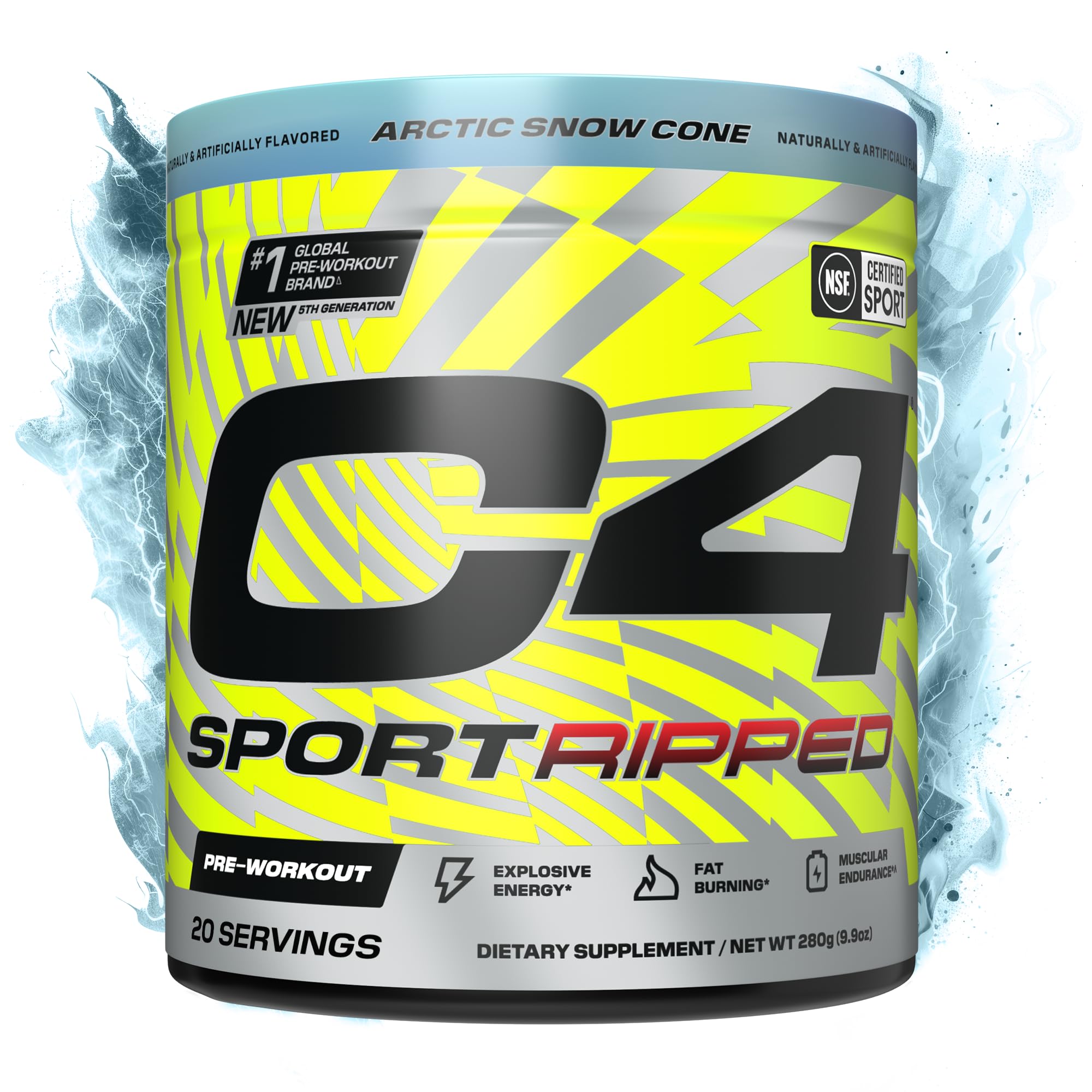 C4 Sport Ripped Arctic Snow Cone tub showing the label and premium energy formula.