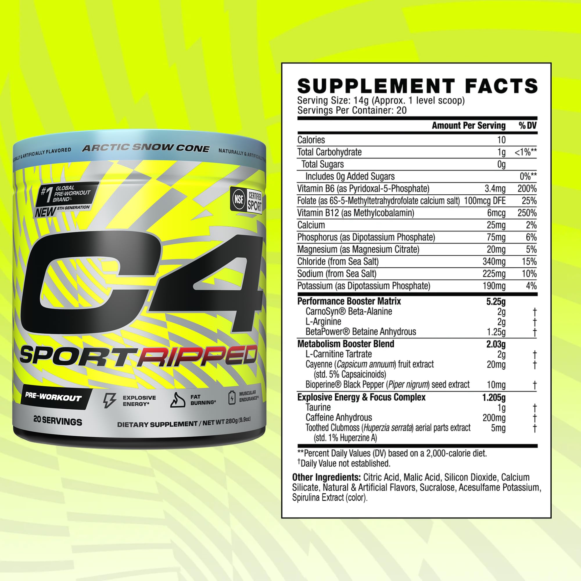 C4 Sport Ripped ingredient panel features beta-alanine and caffeine details for athletes.